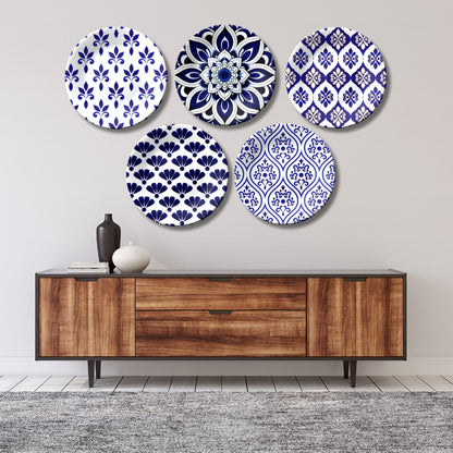 Set of 5 Classic Indigo Patterned Blue Pottery Ceramic Decorative Wall Plates