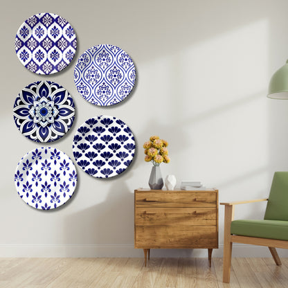 Set of 5 Classic Indigo Patterned Blue Pottery Ceramic Decorative Wall Plates