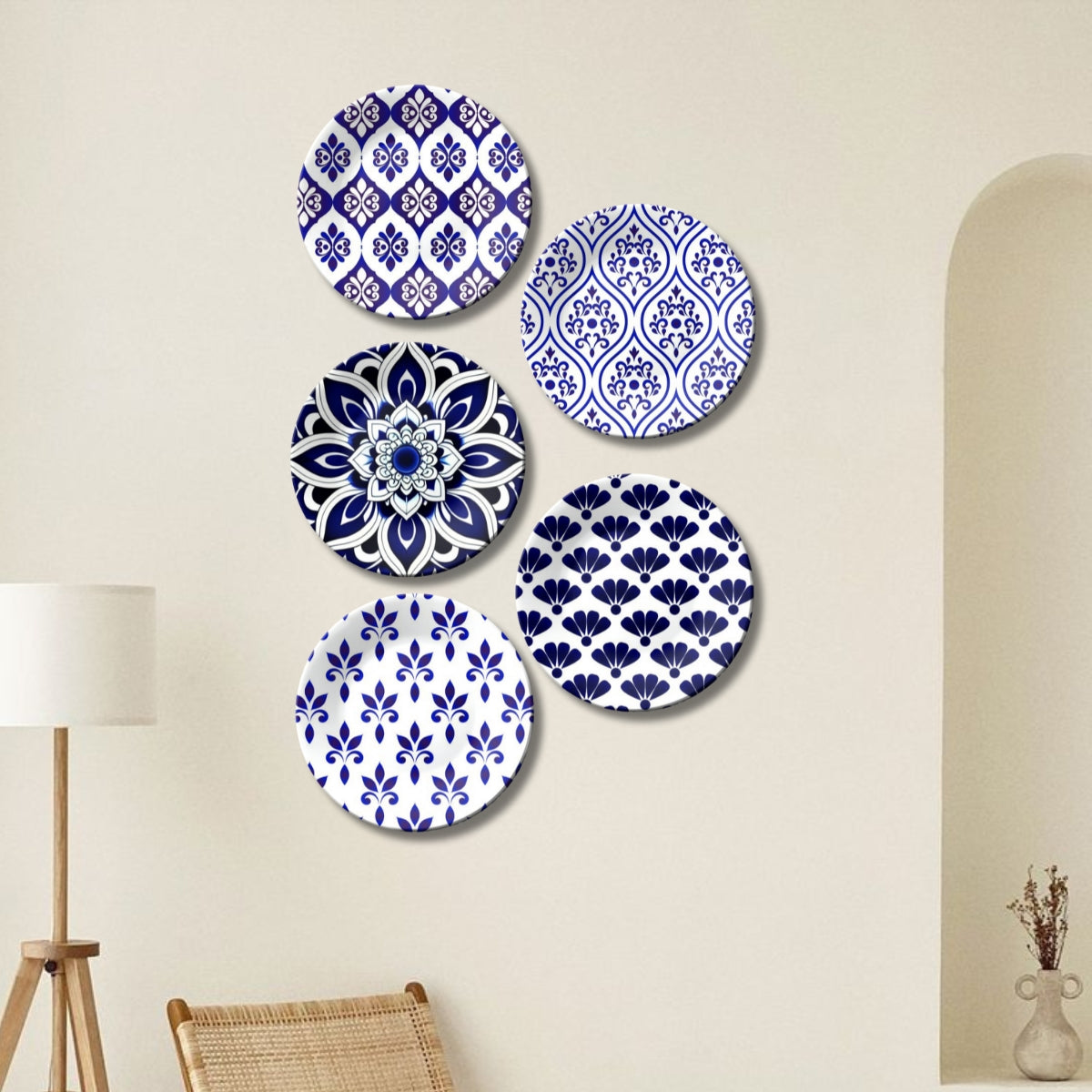 Set of 5 Classic Indigo Patterned Blue Pottery Ceramic Decorative Wall Plates