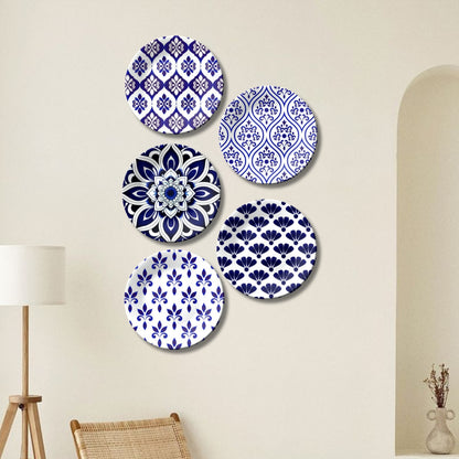 Set of 5 Classic Indigo Patterned Blue Pottery Ceramic Decorative Wall Plates