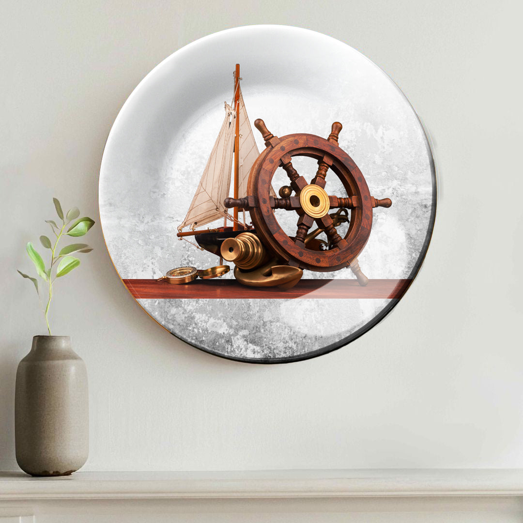 Steering Wheel on Old Sailboat Decorative Wall Plate