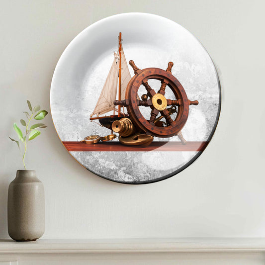 Steering Wheel on Old Sailboat Decorative Wall Plate