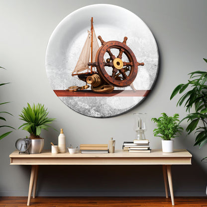 Steering Wheel on Old Sailboat Decorative Wall Plate