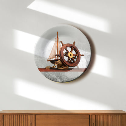 Steering Wheel on Old Sailboat Decorative Wall Plate