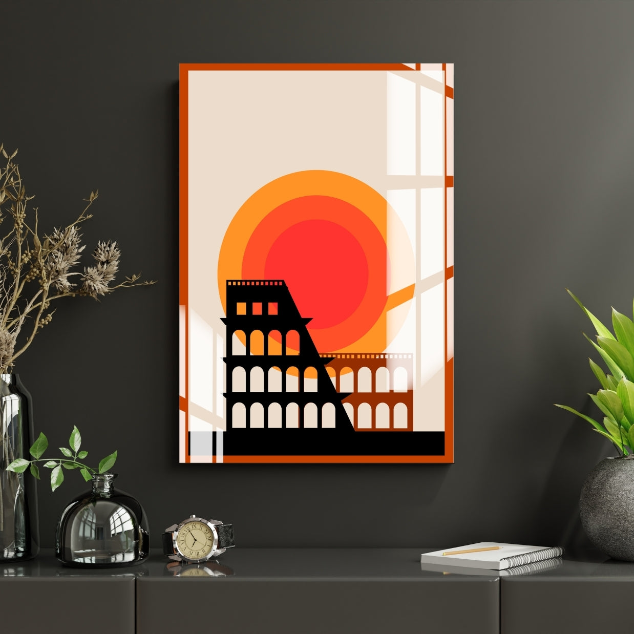 Sunset Colosseum Geometric Art Metal Print With or Without Frame Wall Art