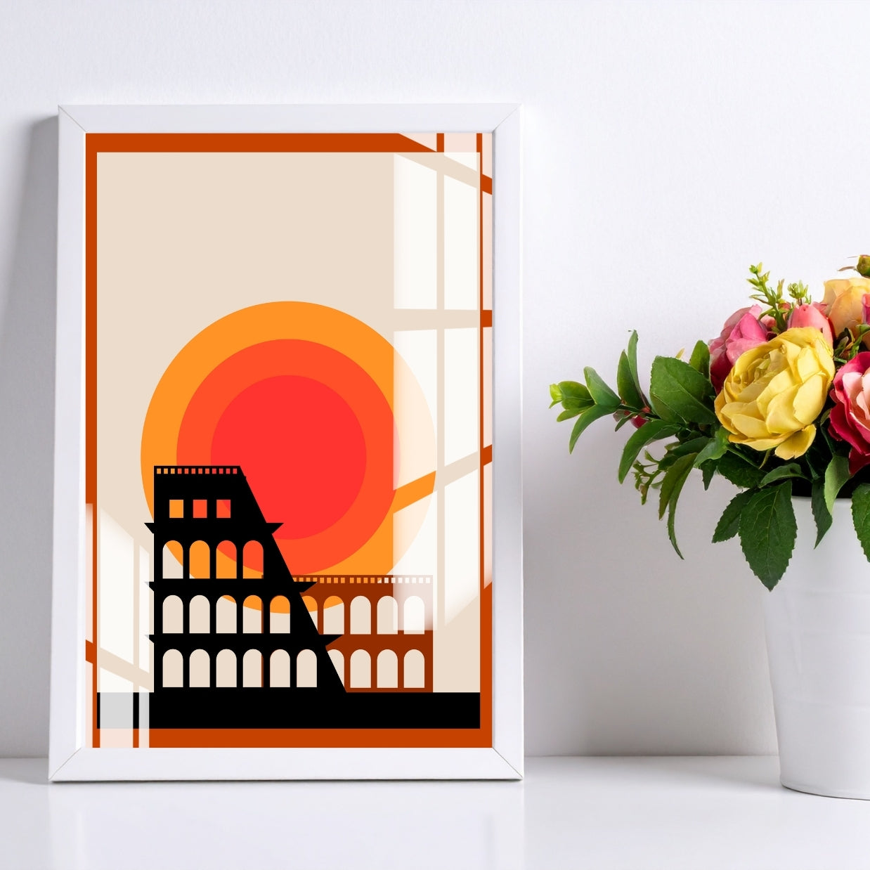 Sunset Colosseum Geometric Art Metal Print With or Without Frame Wall Art