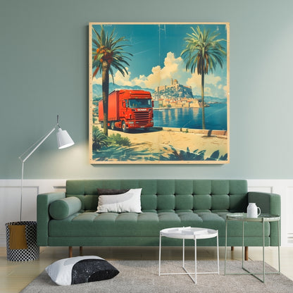 Seaside Palm Lined Highway Canvas Painting Framed Wall Art