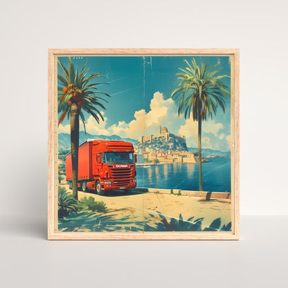 Seaside Palm Lined Highway Canvas Painting Framed Wall Art