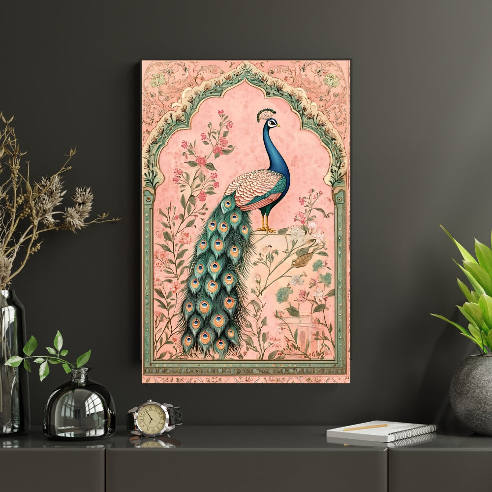 Pink Royal Grace Peacock Canvas Painting Framed Wall Art