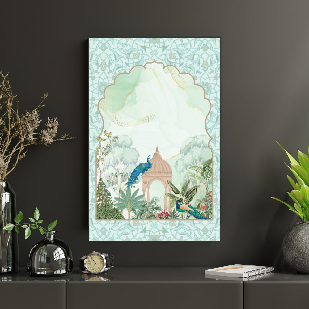 Regal Serenity Peacock Couple Canvas Painting Framed Wall Art