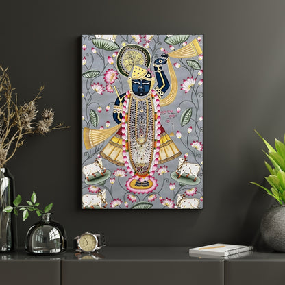 Divine Shrinath Ji Lotus Pichwai Canvas Painting Framed Wall Art