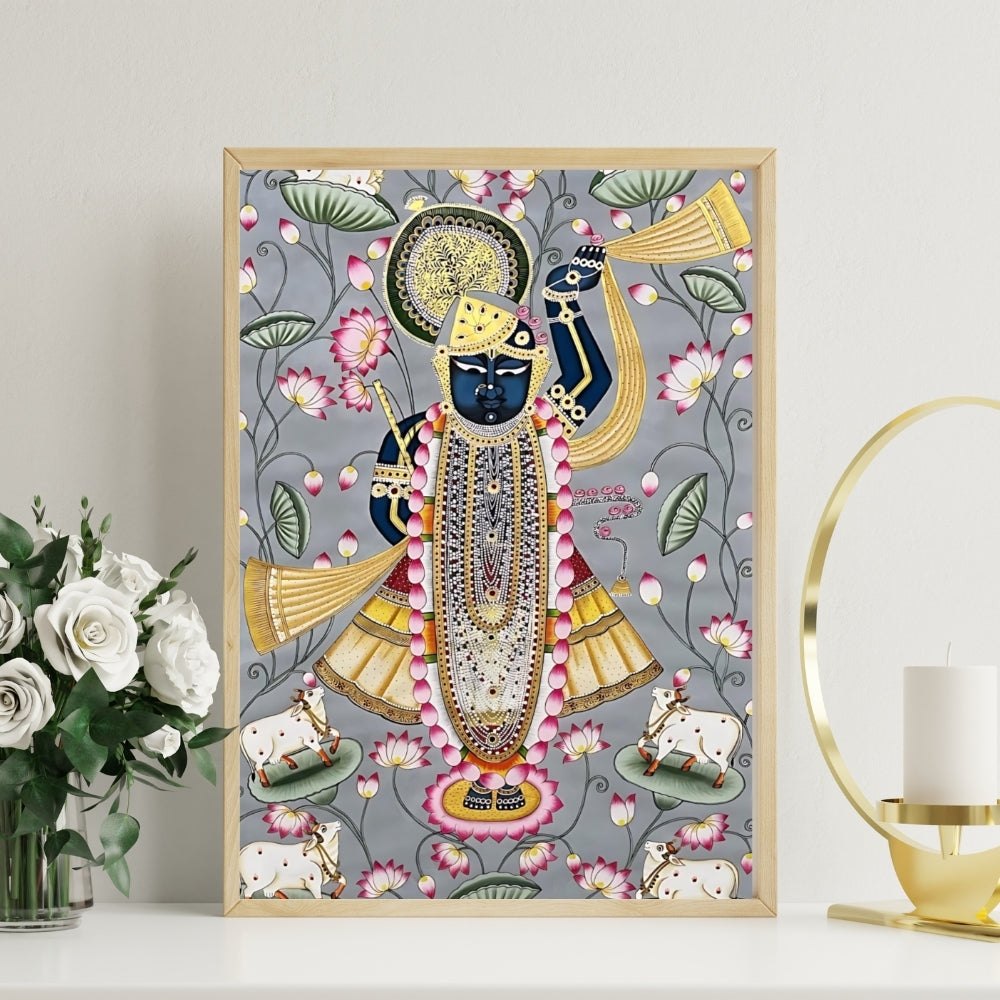 Divine Shrinath Ji Lotus Pichwai Canvas Painting Framed Wall Art