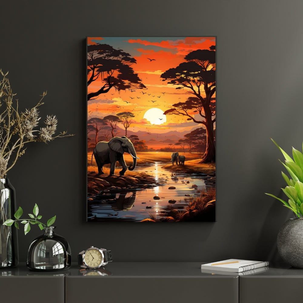 Savanna Sunset Canvas Painting Framed Wall Art