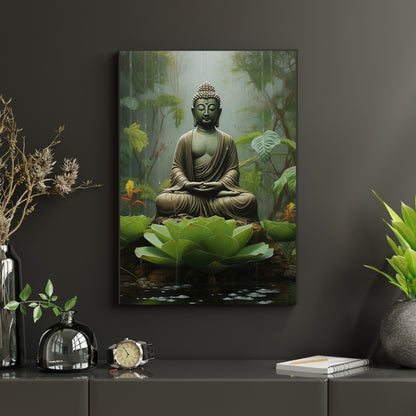 Gautam Buddha Mediating In Forest Canvas Painting Framed Wall Art