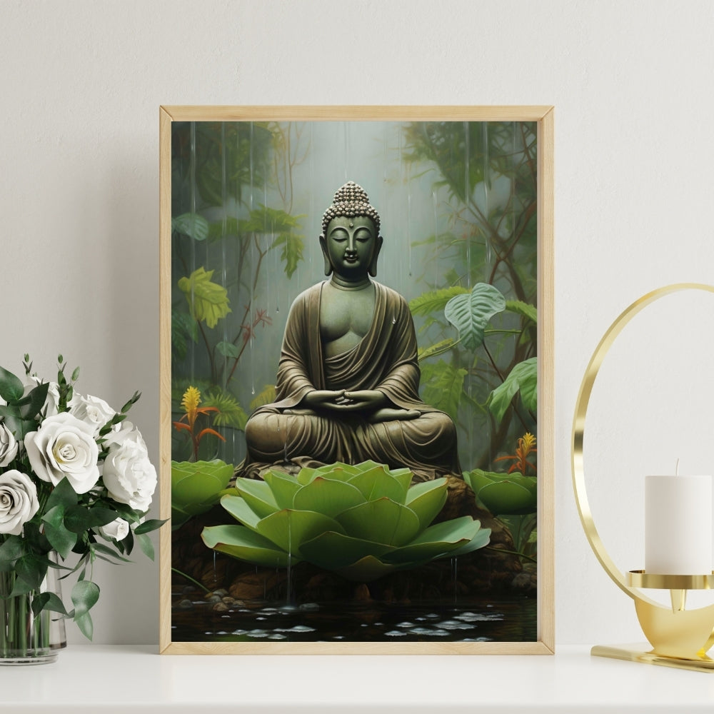Gautam Buddha Mediating In Forest Canvas Painting Framed Wall Art