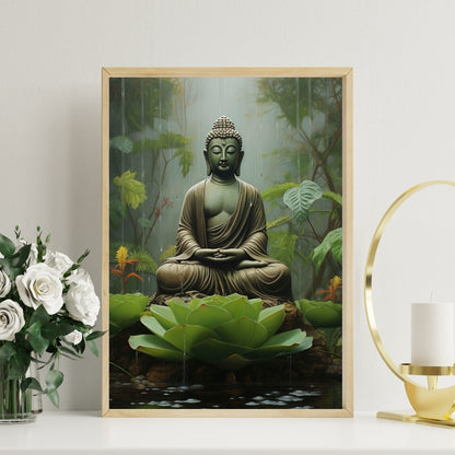 Gautam Buddha Mediating In Forest Canvas Painting Framed Wall Art
