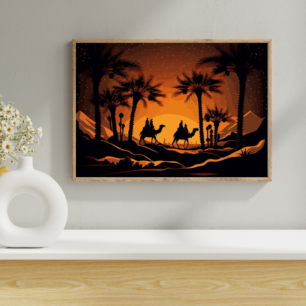 Camel Riders Desert Night Canvas Painting Framed Wall Art