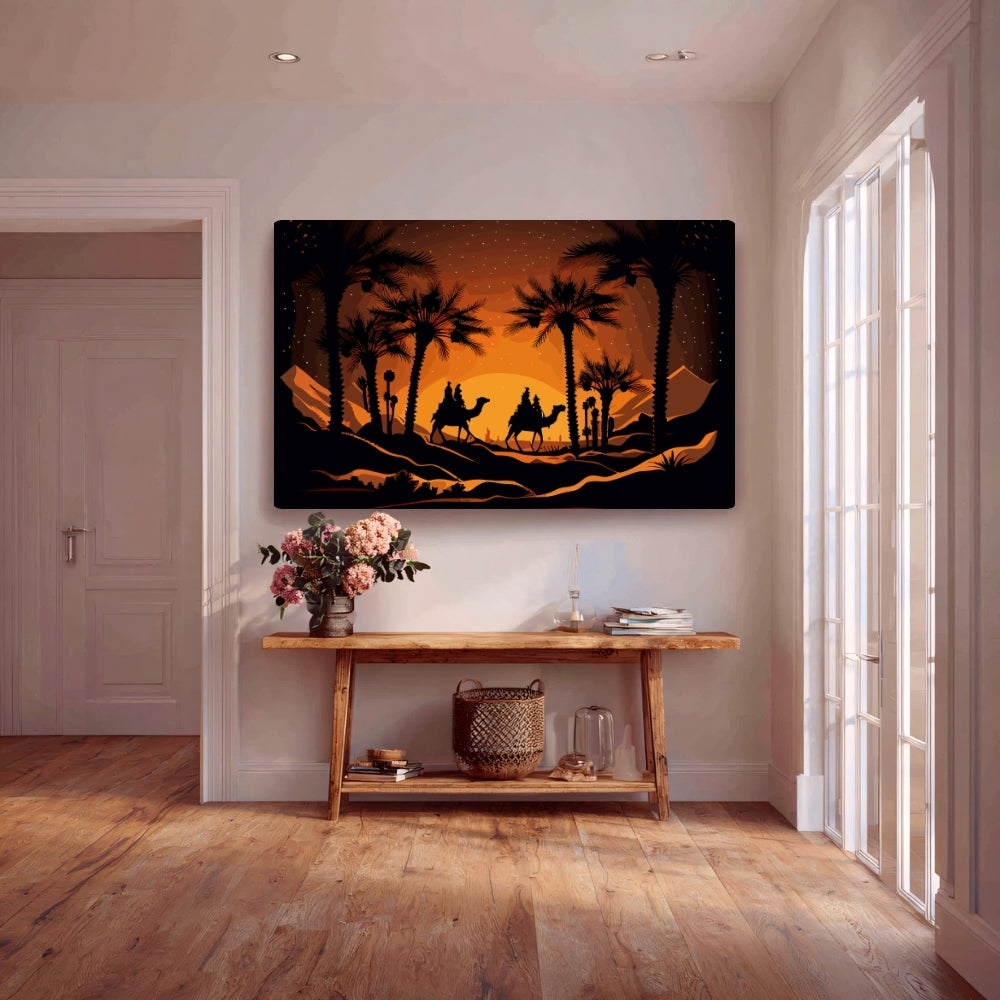 Camel Riders Desert Night Canvas Painting Framed Wall Art
