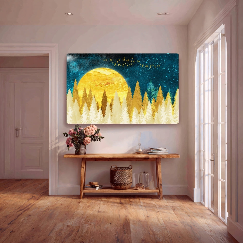 Golden Moonlit Forest Canvas Painting Framed Wall Art