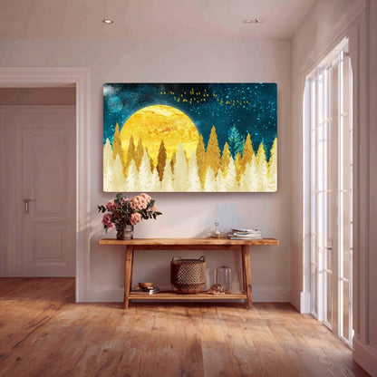 Golden Moonlit Forest Canvas Painting Framed Wall Art