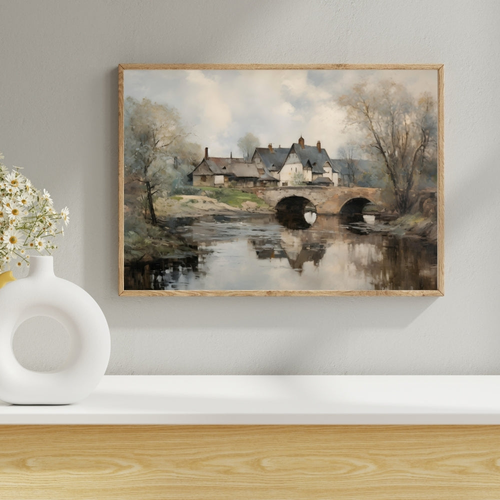 Rustic Reflections Countryside Bridge Over A Peaceful River Canvas Painting Framed Wall Art