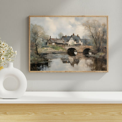 Rustic Reflections Countryside Bridge Over A Peaceful River Canvas Painting Framed Wall Art
