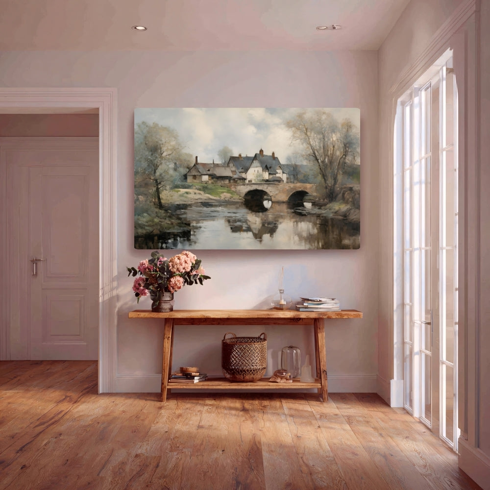 Rustic Reflections Countryside Bridge Over A Peaceful River Canvas Painting Framed Wall Art