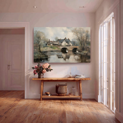 Rustic Reflections Countryside Bridge Over A Peaceful River Canvas Painting Framed Wall Art