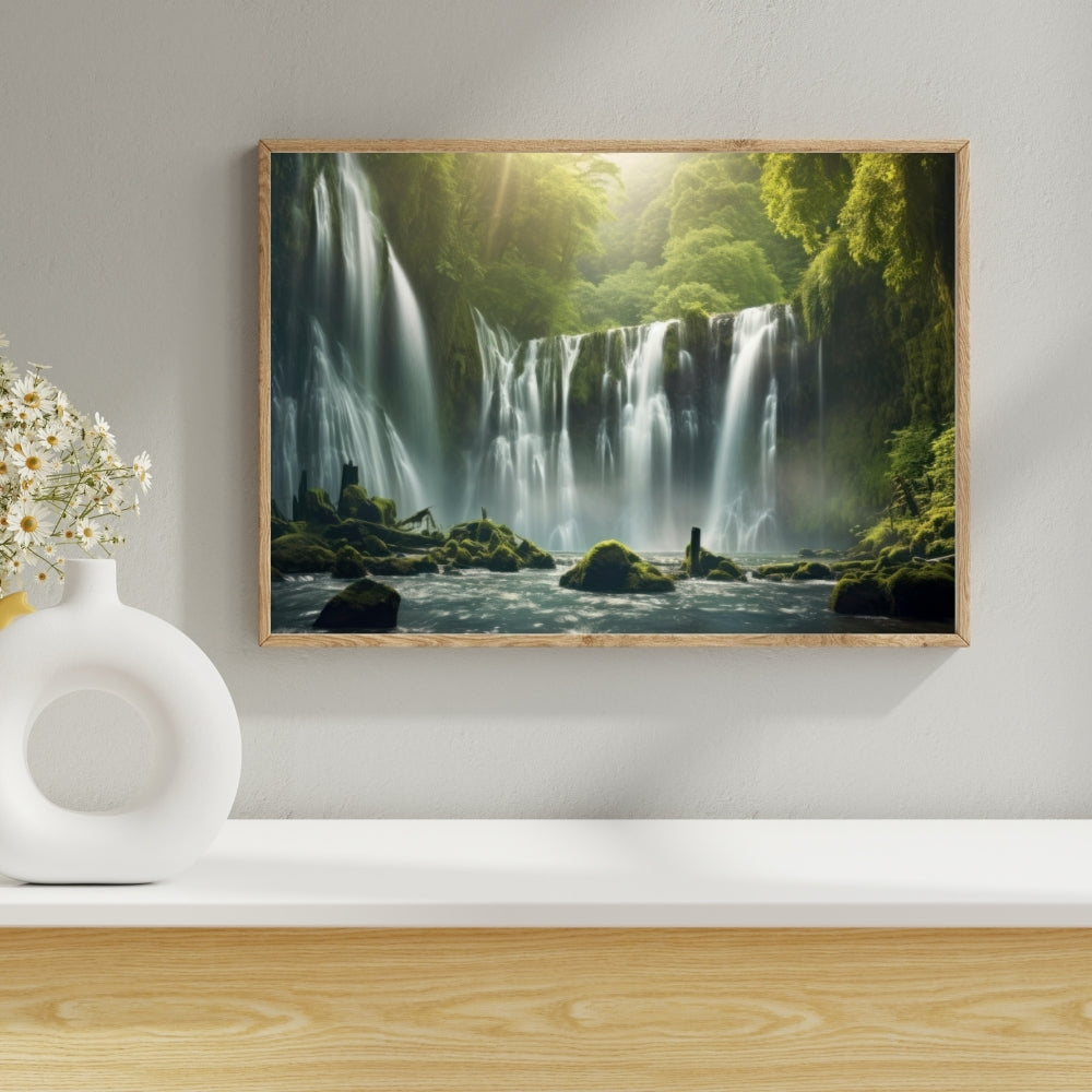 Tranquil Cascade Waterfall Canvas Painting Framed Wall Art
