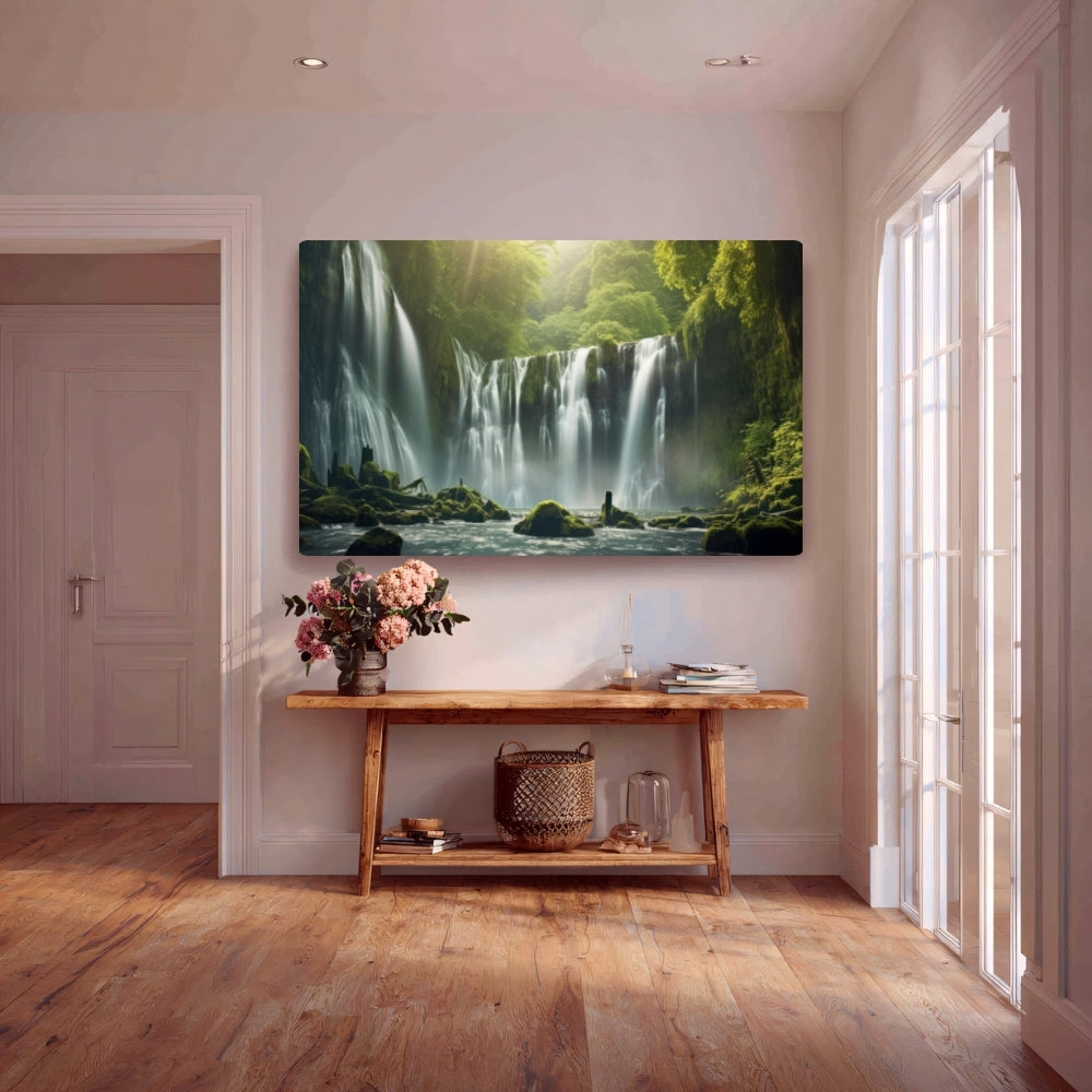 Tranquil Cascade Waterfall Canvas Painting Framed Wall Art