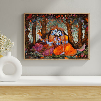Divine Romance Radha and Krishna Canvas Painting Framed Wall Art