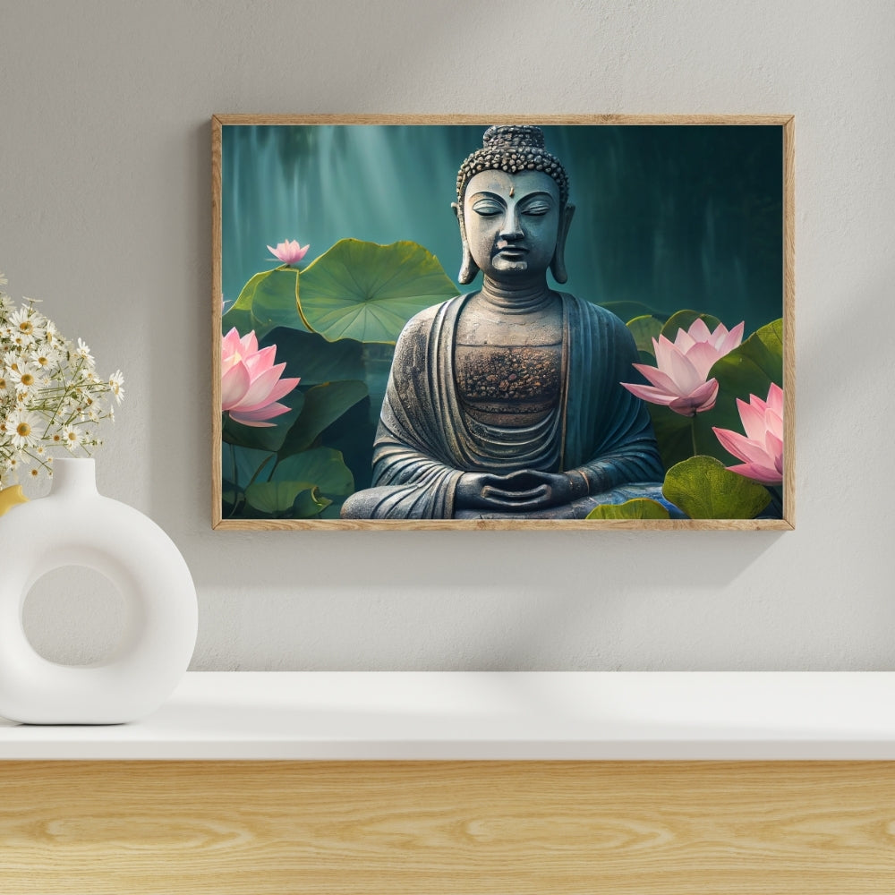 Buddha Ji and Lotus Zen Bloom Canvas Painting Framed Wall Art