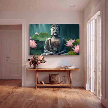 Buddha Ji and Lotus Zen Bloom Canvas Painting Framed Wall Art