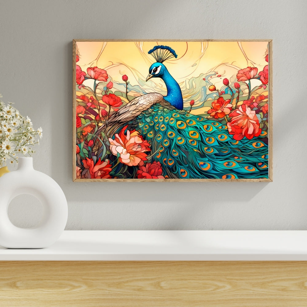 Regal Bloom Peacock Canvas Painting Framed Wall Art