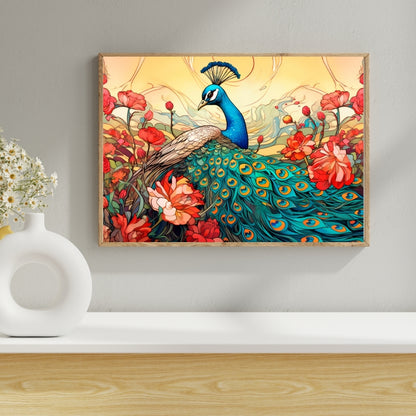 Regal Bloom Peacock Canvas Painting Framed Wall Art