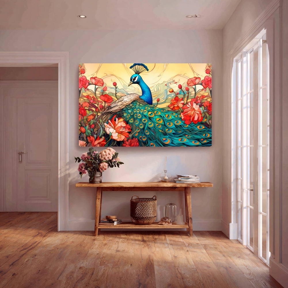 Regal Bloom Peacock Canvas Painting Framed Wall Art
