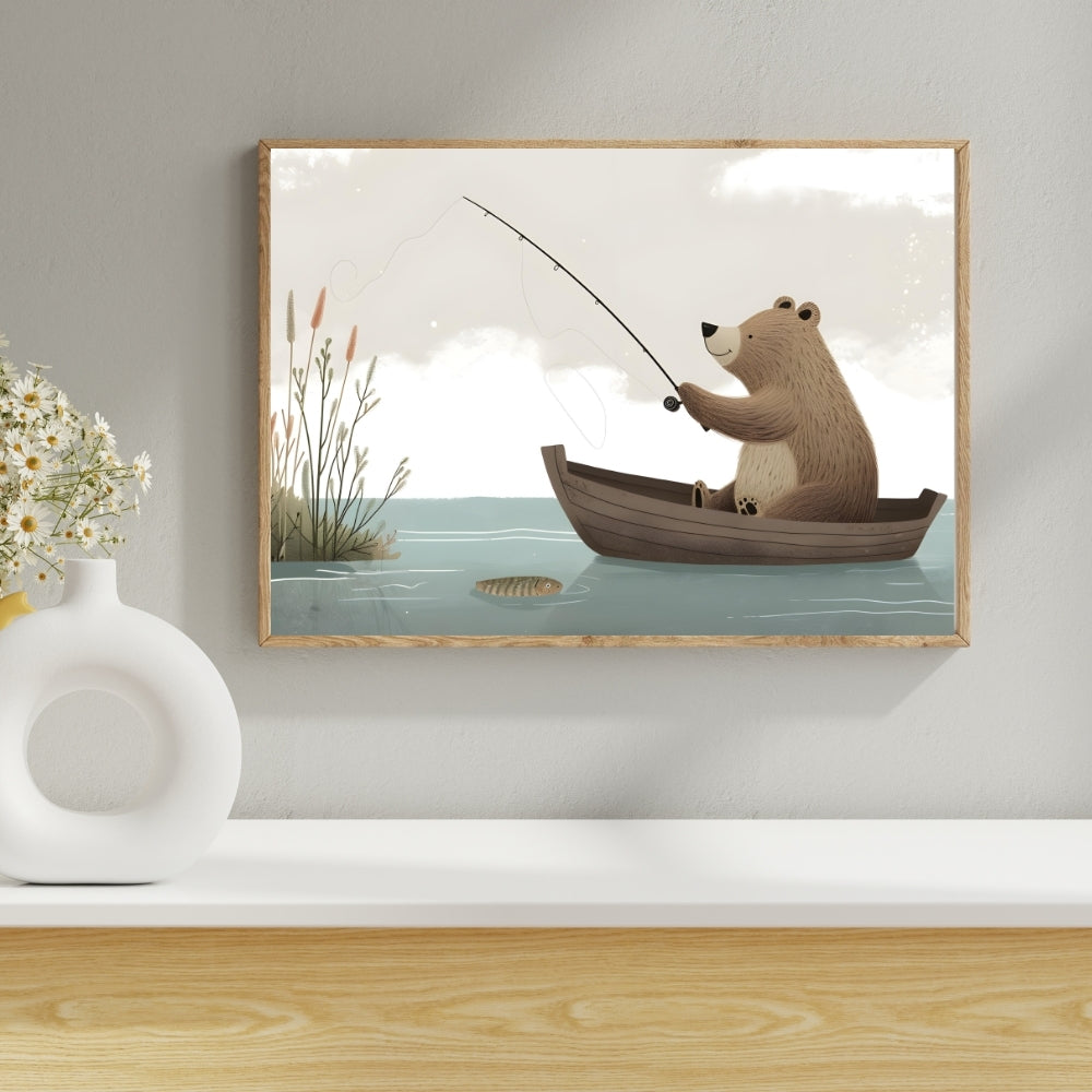 Bear’s Fishing Adventure Canvas Painting Framed Wall Art