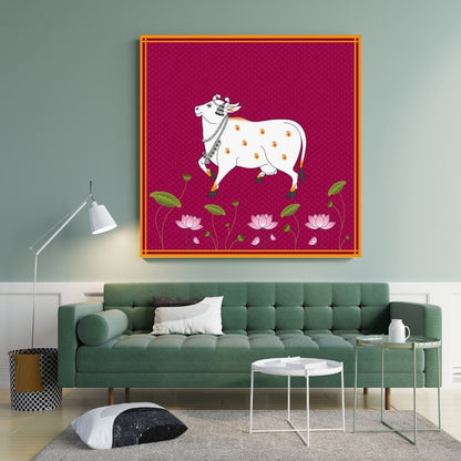 Sacred Pichwai Cow Canvas Painting Framed Wall Art