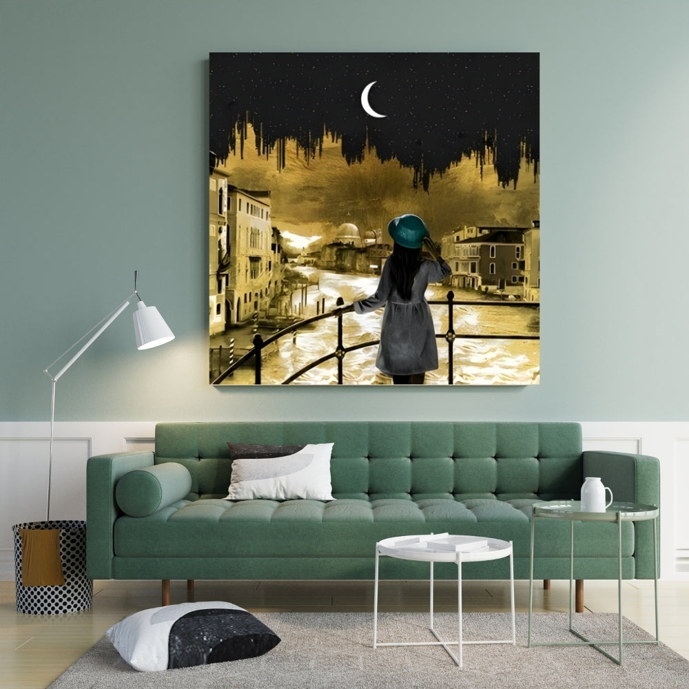 Golden Moonlit Venice Canvas Painting Framed Wall Art