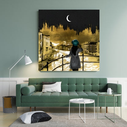 Golden Moonlit Venice Canvas Painting Framed Wall Art