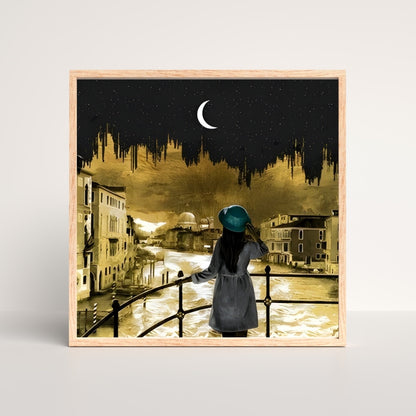 Golden Moonlit Venice Canvas Painting Framed Wall Art