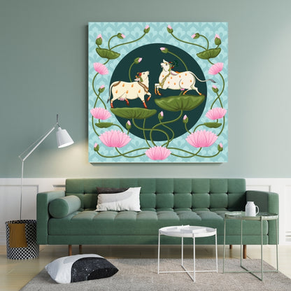 Divine Lotus and Cows Pichwai Canvas Painting Framed Wall Art