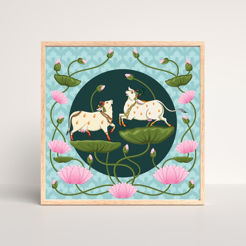 Divine Lotus and Cows Pichwai Canvas Painting Framed Wall Art