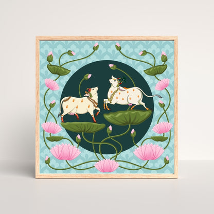 Divine Lotus and Cows Pichwai Canvas Painting Framed Wall Art