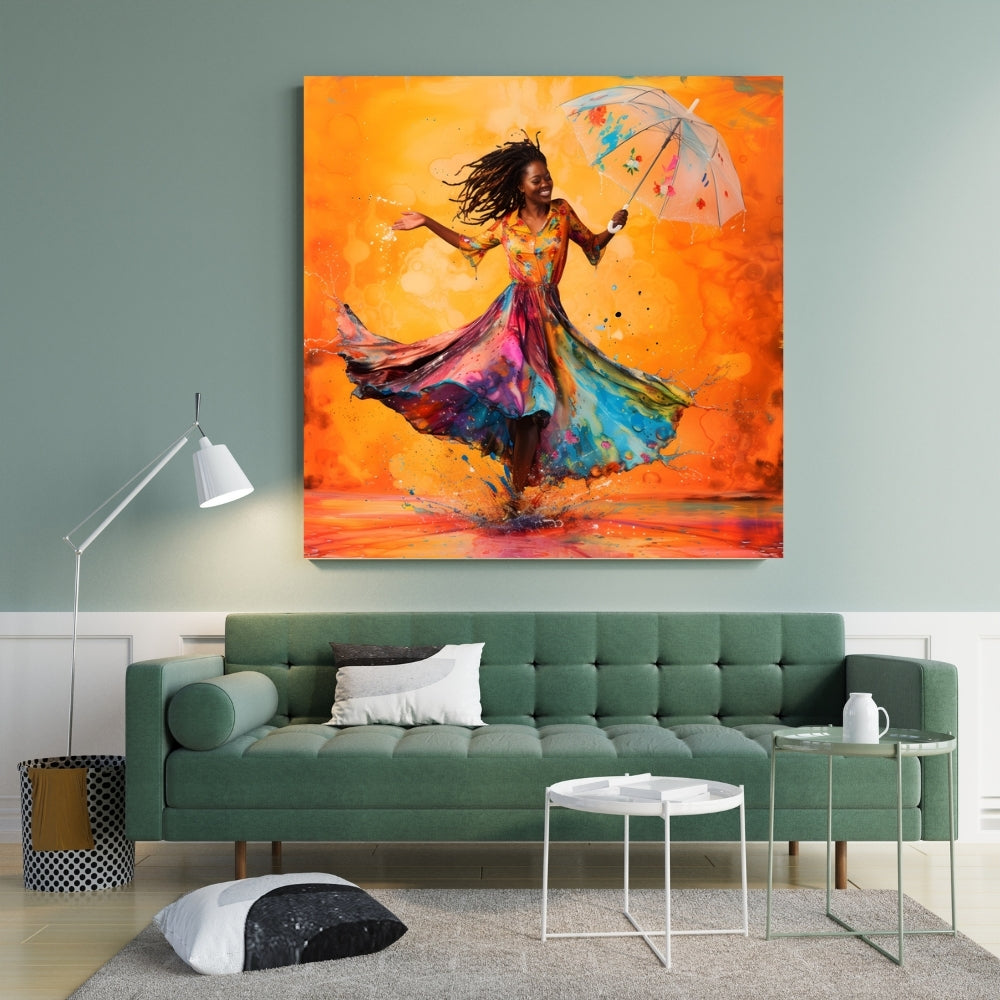 Vivid Happy Rain Dance Canvas Painting Framed Wall Art