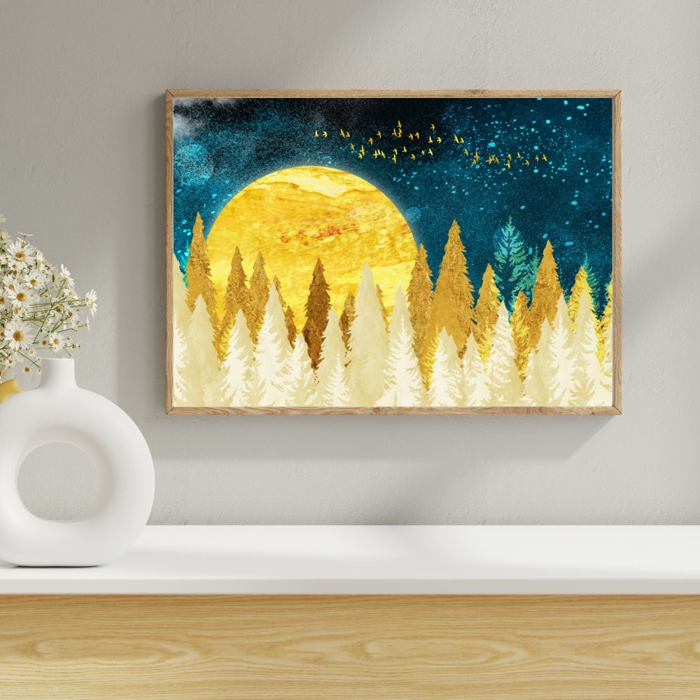 Golden Moonlit Forest Canvas Painting Framed Wall Art