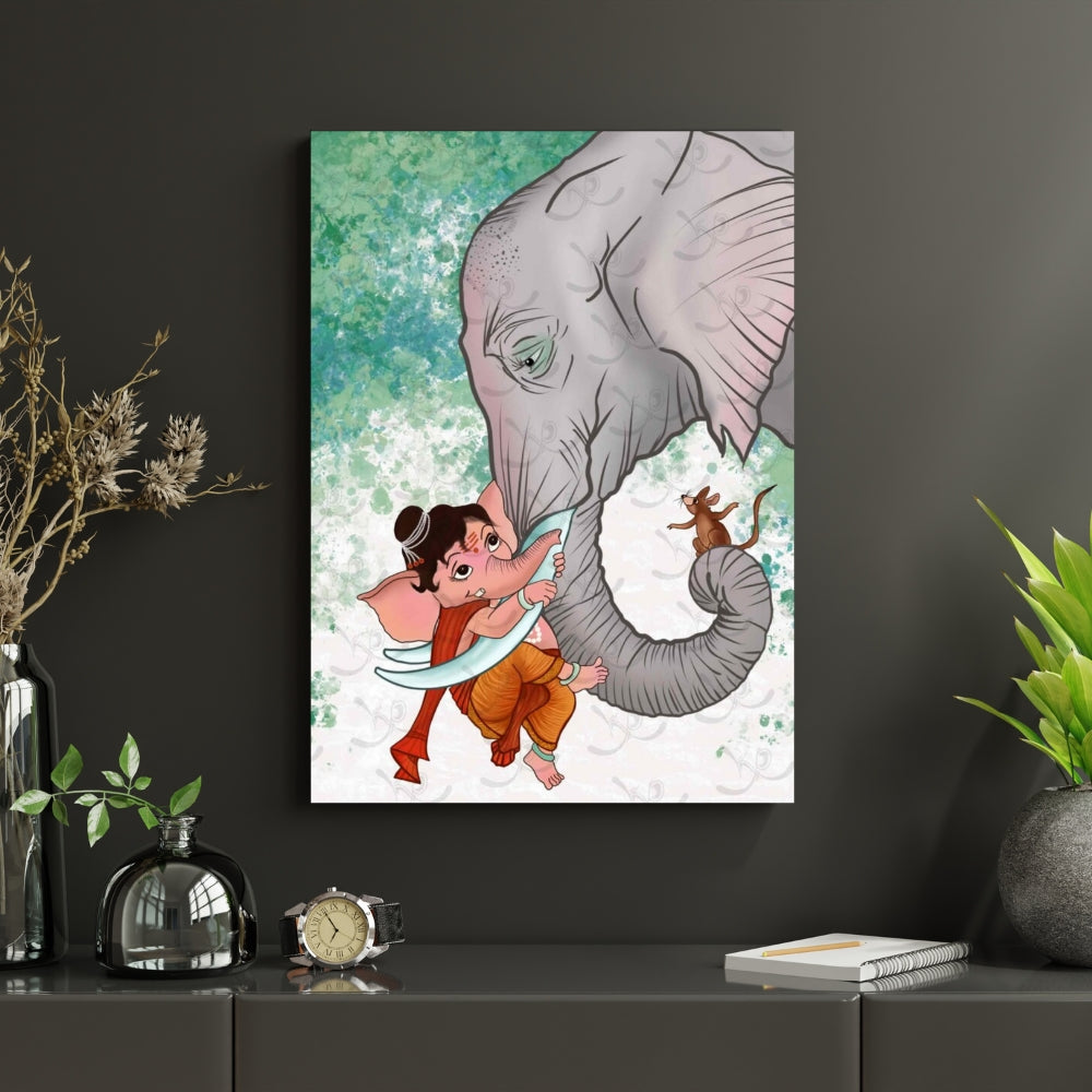 Little Ganesha’s Playing With Elephant Canvas Painting Framed Wall Art