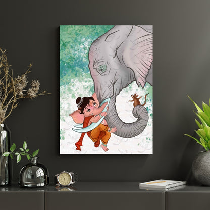 Little Ganesha’s Playing With Elephant Canvas Painting Framed Wall Art