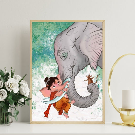 Little Ganesha’s Playing With Elephant Canvas Painting Framed Wall Art