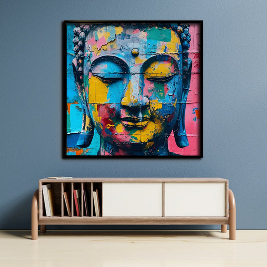 Vibrant Buddha Abstract Spiritual Canvas Painting Framed Wall Art